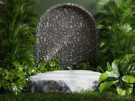 Stone platform pedestal in tropical forest for product presentation and green forest.3d renderingの写真素材