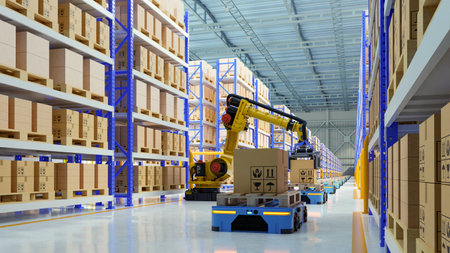 Factory Automation with AGV and robotic arm in transportation to increase transport more with safety.3d renderingの写真素材
