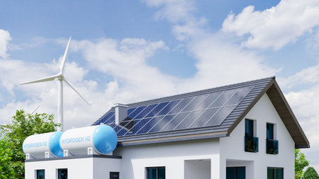Hydrogen energy house have solar panels and wind turbine facility.3d renderingの写真素材
