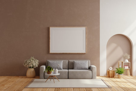 Horizontal poster frame mockup in scandinavian style living room interior.3d renderingの写真素材
