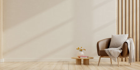 Modern minimal interior with an leather armchair on empty cream color wall background.3d renderingの写真素材