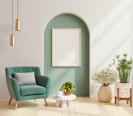 Poster mockup with vertical frame on empty minimal room in living room interior.3d renderingの写真素材