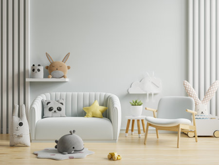 Mock up wall in the children's room in blue wall background.3d renderingの写真素材