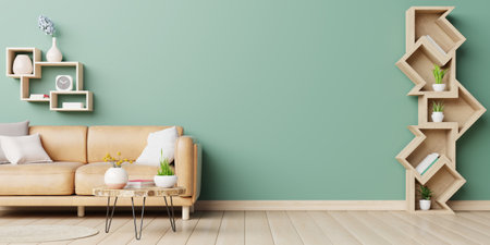 Living room with leather sofa and decoration room on empty dark green wall background.3d renderingの写真素材