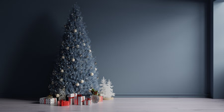 Christmas home interior with blue christmas tree on empty dark background.3d renderingの写真素材