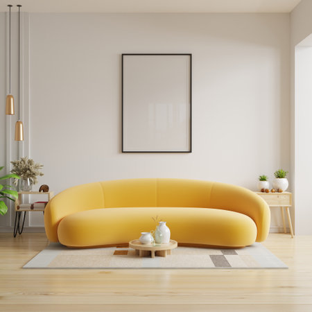 Poster frame mockup in scandinavian style living room interior with yellow on empty white wall.3d renderingの写真素材