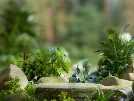 Stone podium in tropical forest for product presentation.3d renderingの写真素材