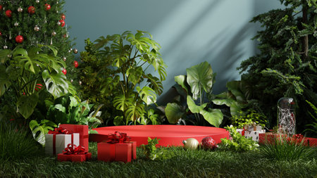 Product display red podium with christmas tree in forest area on dark blue wall background.3d renderingの写真素材