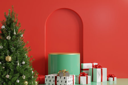 Merry christmas with product display gold podium on red wall background.3d renderingの写真素材