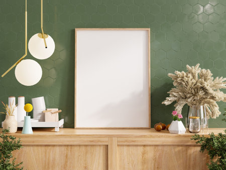 Mock up poster frame in kitchen interior and accessories with dark green wooden slatted wall background.3d renderingの写真素材