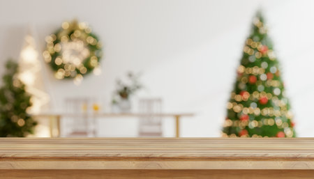 Empty wooden table in room of christmas tree with decoration background.3d renderingの写真素材