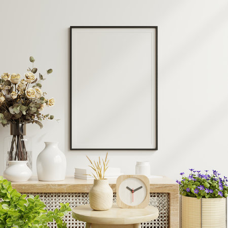 Mockup poster frame close up and accessories decor in cozy white interior background.3d renderingの写真素材
