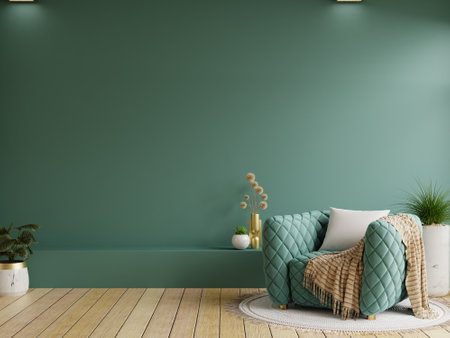Living room with green armchair on empty dark green wall background.3d renderingの写真素材