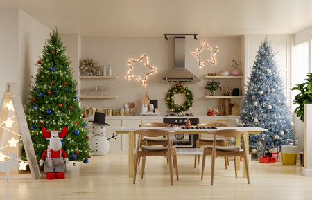 kitchen decorated for christmas,Interior design,Christmas and New Year decorate.3d renderingの写真素材