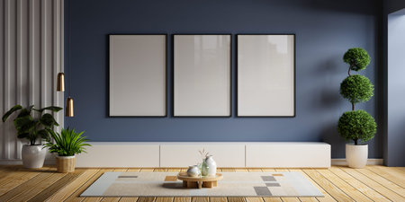 Poster mockup with wooden frame in home interior on blue wall background.3d rendering