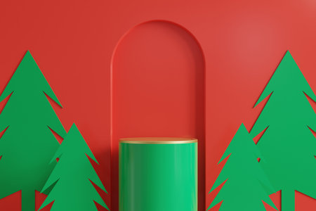 Merry christmas with product display gold podium on red wall background.3d renderingの写真素材
