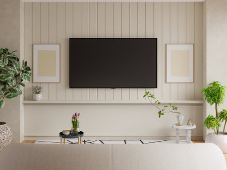 Mockup a TV wall mounted with sofa in living room with a white wall.3d renderingの写真素材