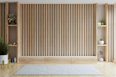 Cabinet for TV in modern living room with decoration on wooden wall.3d renderingの写真素材