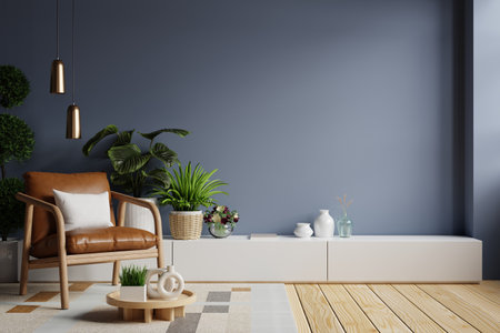 Dark blue wall style house with armchair and accessories in the room.3d renderingの写真素材