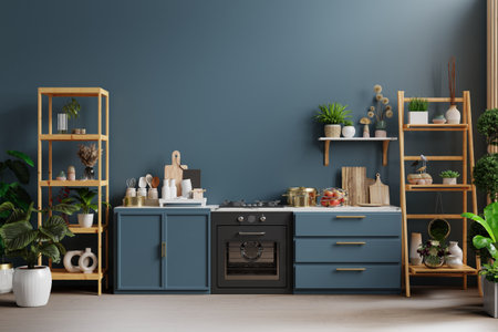 Dark kitchen interior with empty blue wall.3d renderingの写真素材