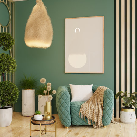 Mock up poster frame in green wall style interior with modern furniture.3d renderingの写真素材