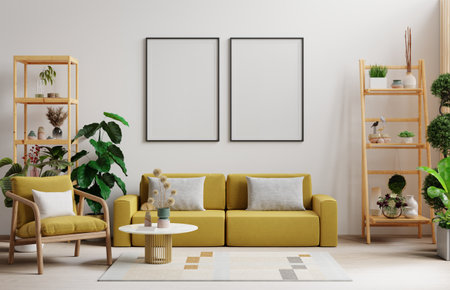 White living room interior with yellow sofa and armchair with art decoration.3d renderingの写真素材