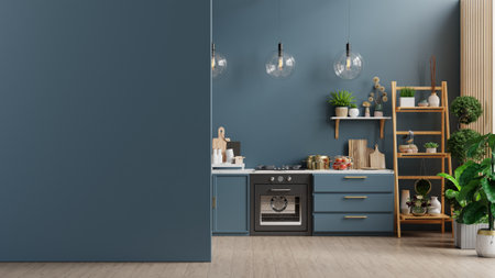 Mockup modern style kitchen interior design with dark blue wall.3d renderingの写真素材