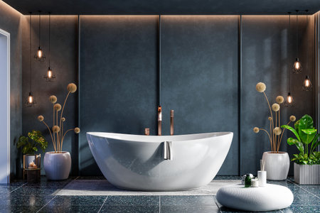 Modern Bathroom interior design with white bathtub on grunge dark blue wall.3d renderingの写真素材