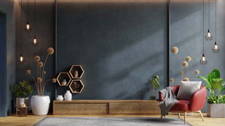 Cabinet TV in modern living room with leather armchair and accessories decor on dark blue wall background.3d renderingの写真素材