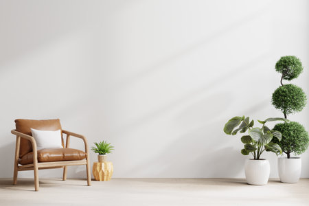 Living room wall mockup with leather armchair and decor on white background.3d renderingの写真素材