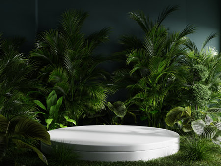 White podium in tropical forest for product presentation and green background.3d renderingの写真素材