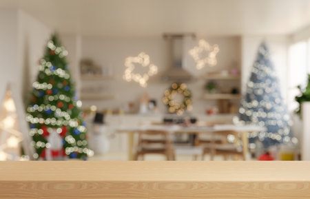 Empty wooden table in kitchen room of christmas tree with decoration background.3d renderingの写真素材