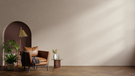 Living room have leather armchair and decoration minimal on two tone wall.3d renderingの写真素材