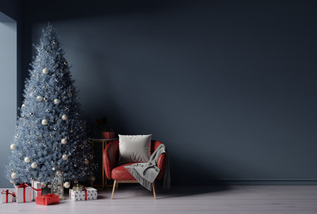 Dark blue living room interior with decorated christmas tree and red leather armchair.3d renderingの写真素材