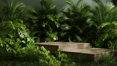 Wooden podium in tropical forest for product presentation and green background.3d renderingの写真素材