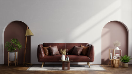 Living room wall mockup with leather sofa and decor on two tone background.3d renderingの写真素材