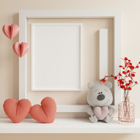 White frame leaning on white shelf in Valentine interior room on empty wall background- 3D renderingの写真素材