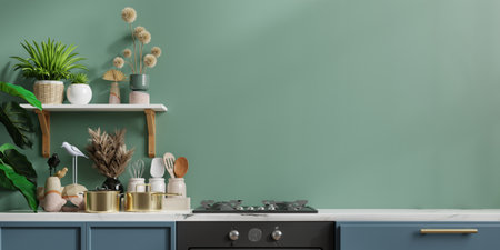kitchen counter and accessories decor in kitchen room interior on empty green wall background- 3D renderingの写真素材