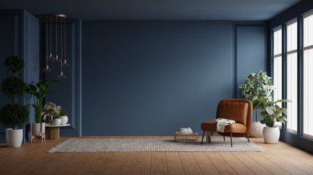 Modern interior of living room with leather armchair on wood flooring and dark blue wall- 3D renderingの写真素材