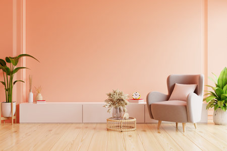 Modern living room. peach fuzz room have peach armchair with peach color paint wall- 3D renderingの写真素材