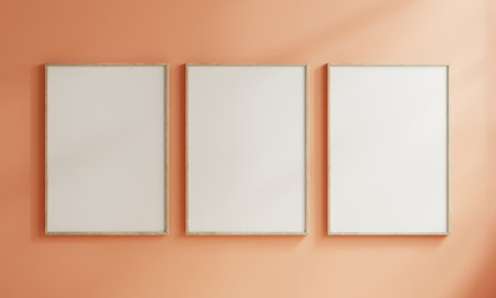Vertical wooden frame poster on wooden floor with peach color paint wall- 3D renderingの写真素材