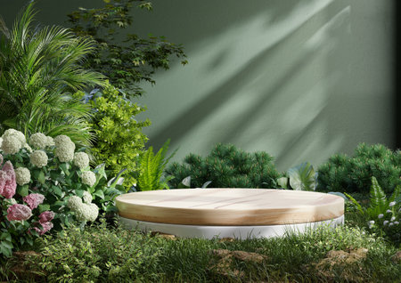 Product presentation with a wooden podium set amidst a lush tropical forest and flower,enhanced by a vibrant green backdrop- 3D renderingの写真素材