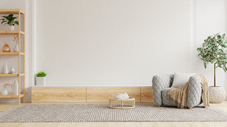 Mockup a cabinet TV wall mounted with armchair in minimal style- 3D renderingの写真素材
