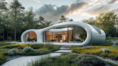 An architectural photo of a small, cute, fractal, ï¬uid, all white futuristic architecture villa, with sinuous arches and white tiled facade.の素材
