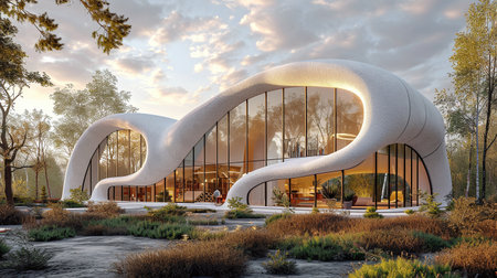 An architectural photo of a small, cute, fractal, ï¬uid, all white futuristic architecture villa, with sinuous arches and white tiled facade.の素材