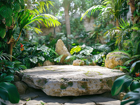 Rock podium set amidst a lush tropical forest, enhanced by a vibrant green backdrop green botanicalsの素材