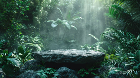 Rock podium set amidst a lush tropical forest, enhanced by a vibrant green backdrop green botanicalsの素材