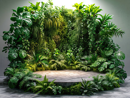 Concrete podium in tropical forest, enhanced by a vibrant green backdrop green botanicals, plantsの素材