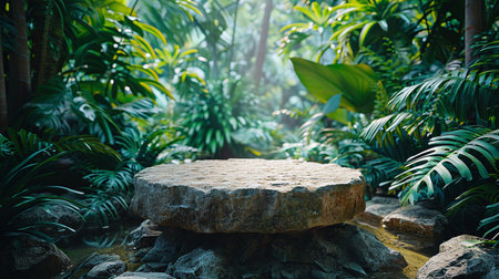 Rock podium set amidst a lush tropical forest, enhanced by a vibrant green backdrop green botanicalsの素材