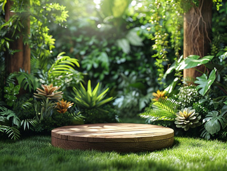 Wood podium on the grass in tropical forest, enhanced by a vibrant green backdrop green botanicals, plantsの素材
